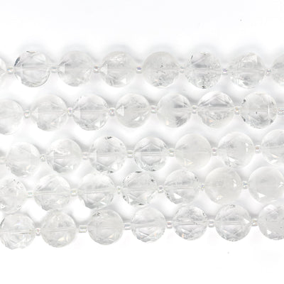 Natural Clear Quartz, 12mm Faceted Coin Round Gemstone, Vintage Rock Stone, Hole 1mm, 15.5inches, 28 Beads