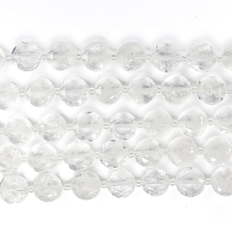 Natural Clear Quartz, 12mm Faceted Coin Round Gemstone, Vintage Rock Stone, Hole 1mm, 15.5inches, 28 Beads