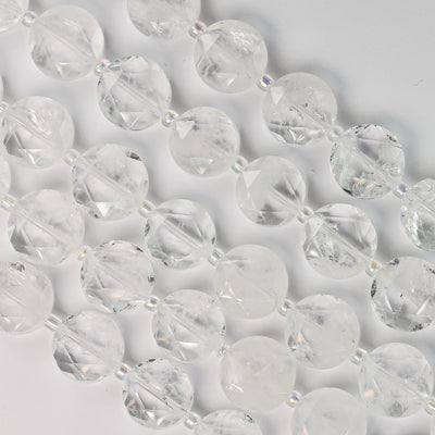 Natural Clear Quartz, 12mm Faceted Coin Round Gemstone, Vintage Rock Stone, Hole 1mm, 15.5inches, 28 Beads