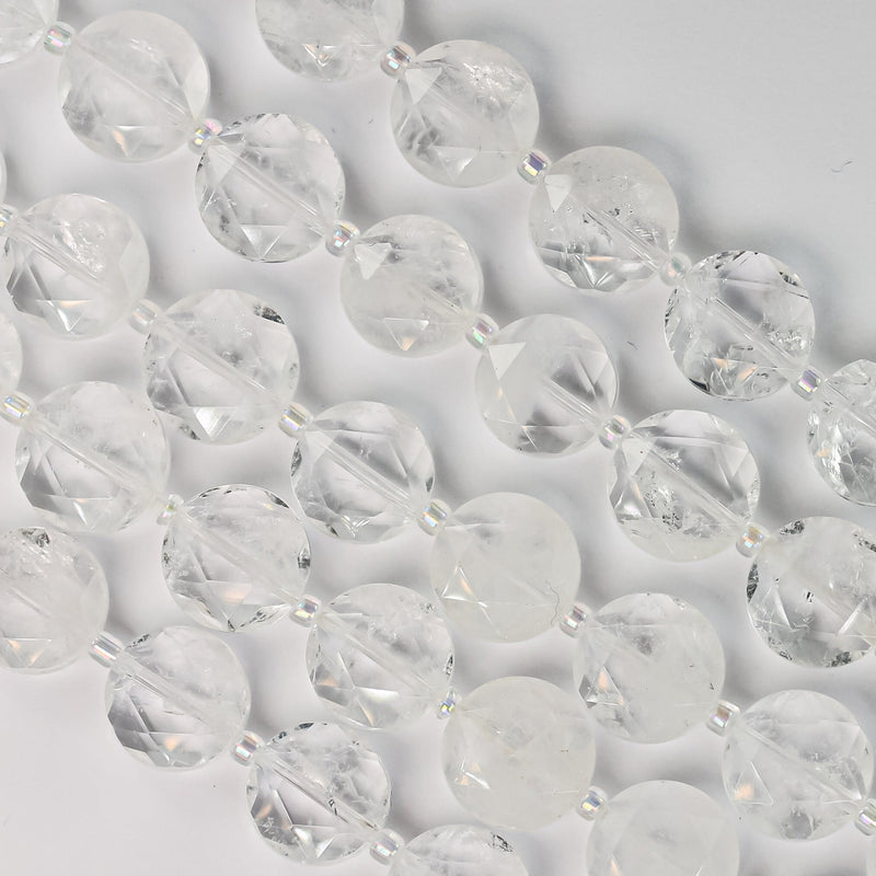 Natural Clear Quartz, 12mm Faceted Coin Round Gemstone, Vintage Rock Stone, Hole 1mm, 15.5inches, 28 Beads
