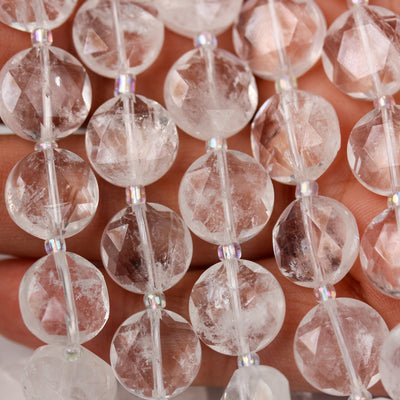 Natural Clear Quartz, 12mm Faceted Coin Round Gemstone, Vintage Rock Stone, Hole 1mm, 15.5inches, 28 Beads