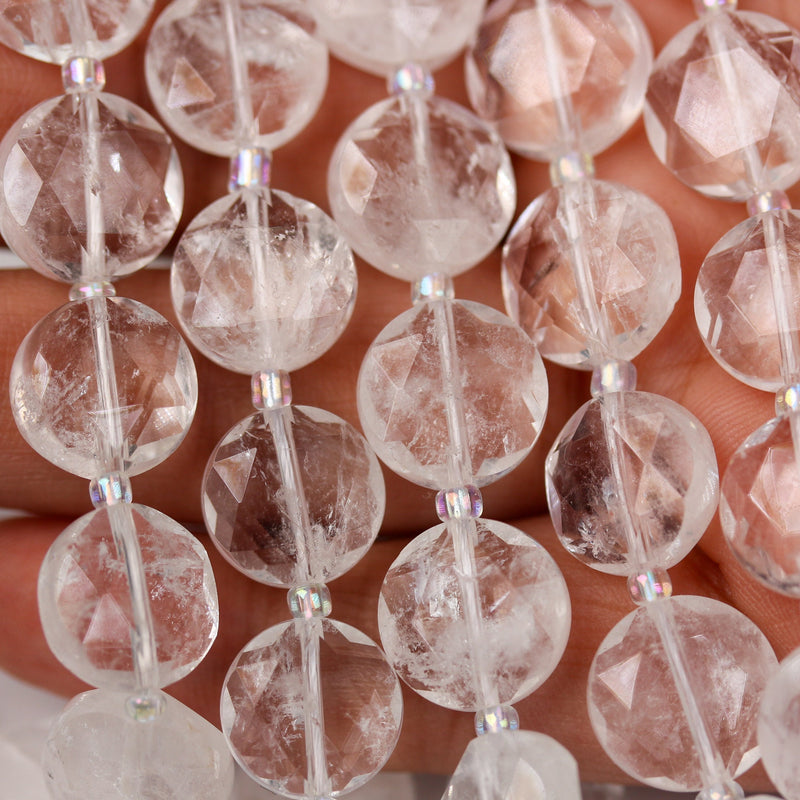 Natural Clear Quartz, 12mm Faceted Coin Round Gemstone, Vintage Rock Stone, Hole 1mm, 15.5inches, 28 Beads
