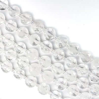 Natural Clear Quartz, 12mm Faceted Coin Round Gemstone, Vintage Rock Stone, Hole 1mm, 15.5inches, 28 Beads