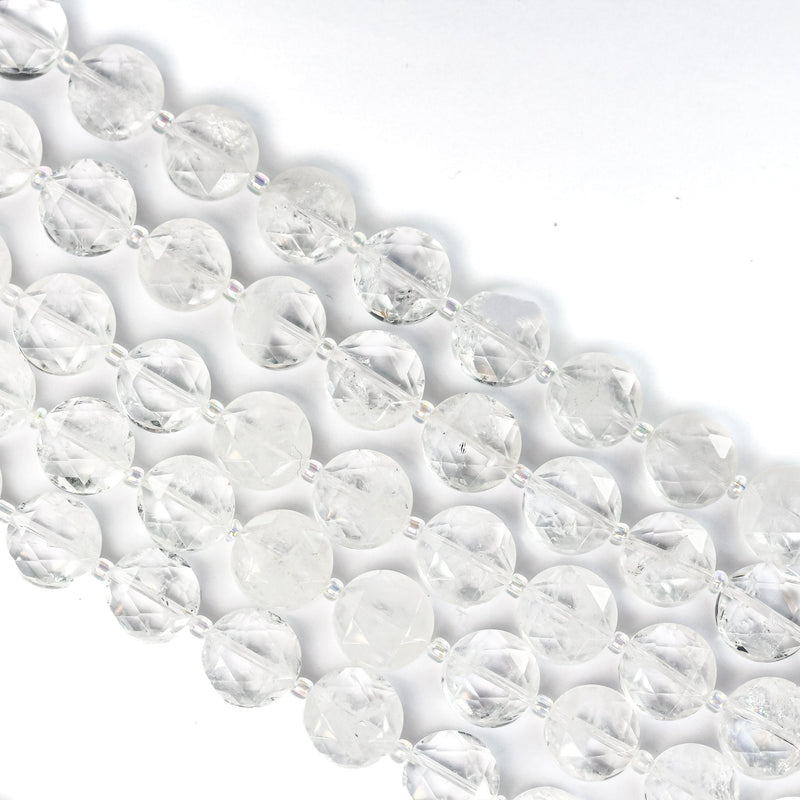 Natural Clear Quartz, 12mm Faceted Coin Round Gemstone, Vintage Rock Stone, Hole 1mm, 15.5inches, 28 Beads