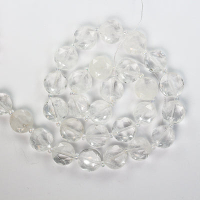 Natural Clear Quartz, 12mm Faceted Coin Round Gemstone, Vintage Rock Stone, Hole 1mm, 15.5inches, 28 Beads