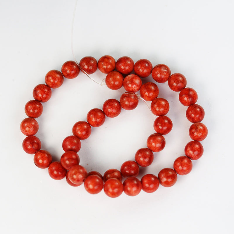 9-9.5mm Natural Red Sponge Coral, Round Gemstone, 1mm Hole, Center Drilled, 42pcs