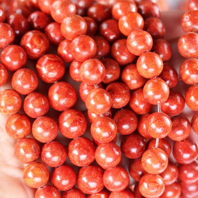 9-9.5mm Natural Red Sponge Coral, Round Gemstone, 1mm Hole, Center Drilled, 42pcs