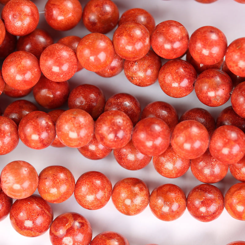 9-9.5mm Natural Red Sponge Coral, Round Gemstone, 1mm Hole, Center Drilled, 42pcs