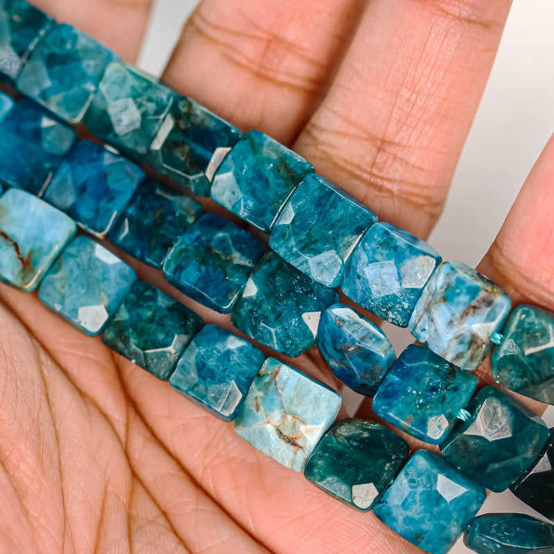 Apatite, 10mm square faceted gemstone strand, one full strand , green/blue color, hole 1mm, 15.5 inch, about 40 pcs