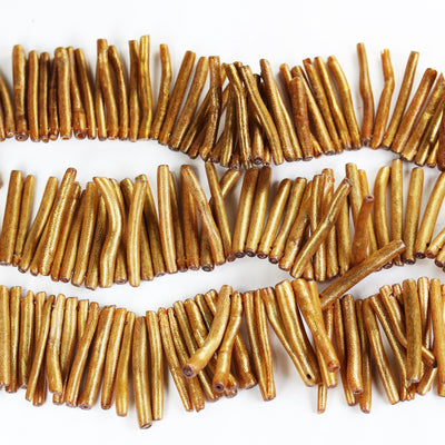 Gold Coral Long Side-drilled Tube Chips, gemstone strand, about 130 beads, about 30mm long, 4mm thick, 1mm hole