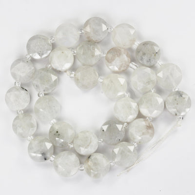 Moonstone with Blue Flash, 12mm faceted coin round gemstone, vintage rock stone, hole 1mm, 15.5inches, 28 beads