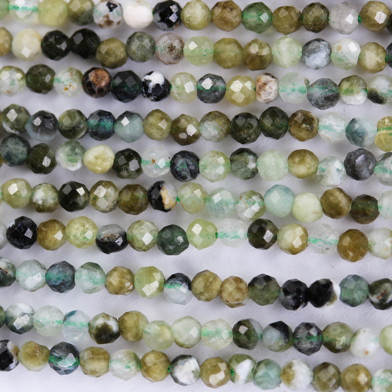 Green tourmaline, 3mm faceted round gemstone beads,  full strand 16", 0.6mm hole