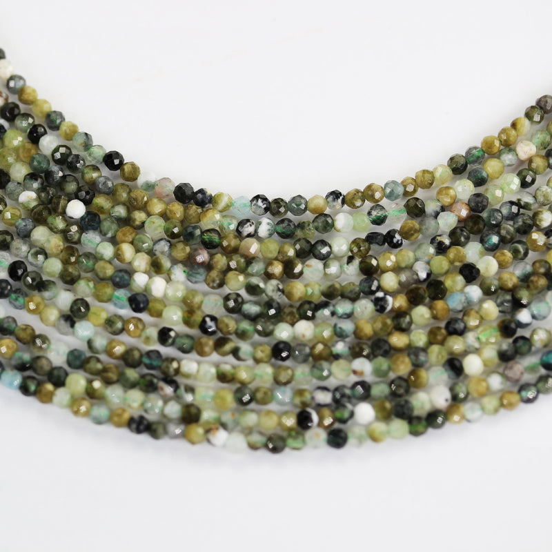 Green tourmaline, 3mm faceted round gemstone beads,  full strand 16", 0.6mm hole