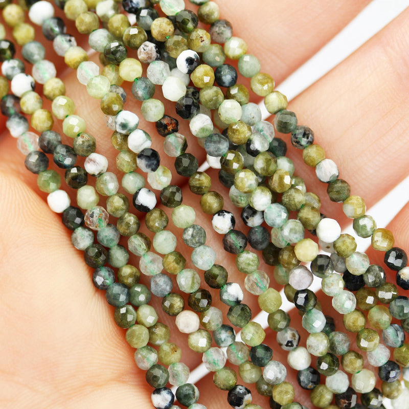 Green tourmaline, 3mm faceted round gemstone beads,  full strand 16", 0.6mm hole