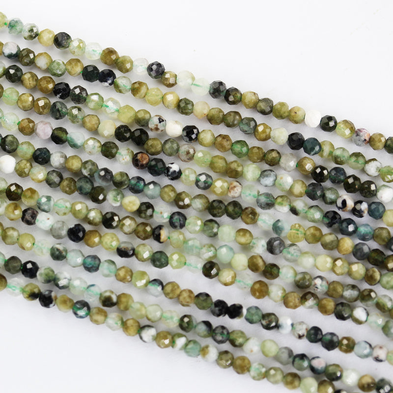 Green tourmaline, 3mm faceted round gemstone beads,  full strand 16", 0.6mm hole