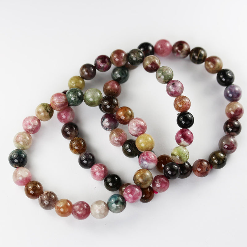 Natural Tourmaline, 8mm round, colourful gemstone bracelet, sizes: 8mm approx 25 beads, Length 7.5 inch