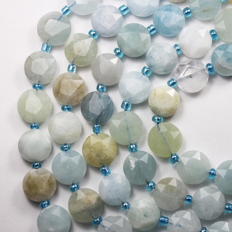 Natural Aquamarine, 10mm Faceted Coin Round Gemstone,  Hole 1mm, 15.5inches,  About 30 beads