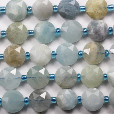 Natural Aquamarine, 10mm Faceted Coin Round Gemstone,  Hole 1mm, 15.5inches,  About 30 beads