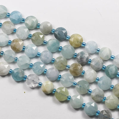 Natural Aquamarine, 10mm Faceted Coin Round Gemstone,  Hole 1mm, 15.5inches,  About 30 beads