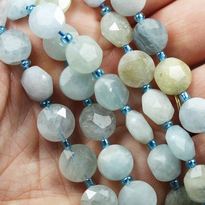 Natural Aquamarine, 10mm Faceted Coin Round Gemstone,  Hole 1mm, 15.5inches,  About 30 beads