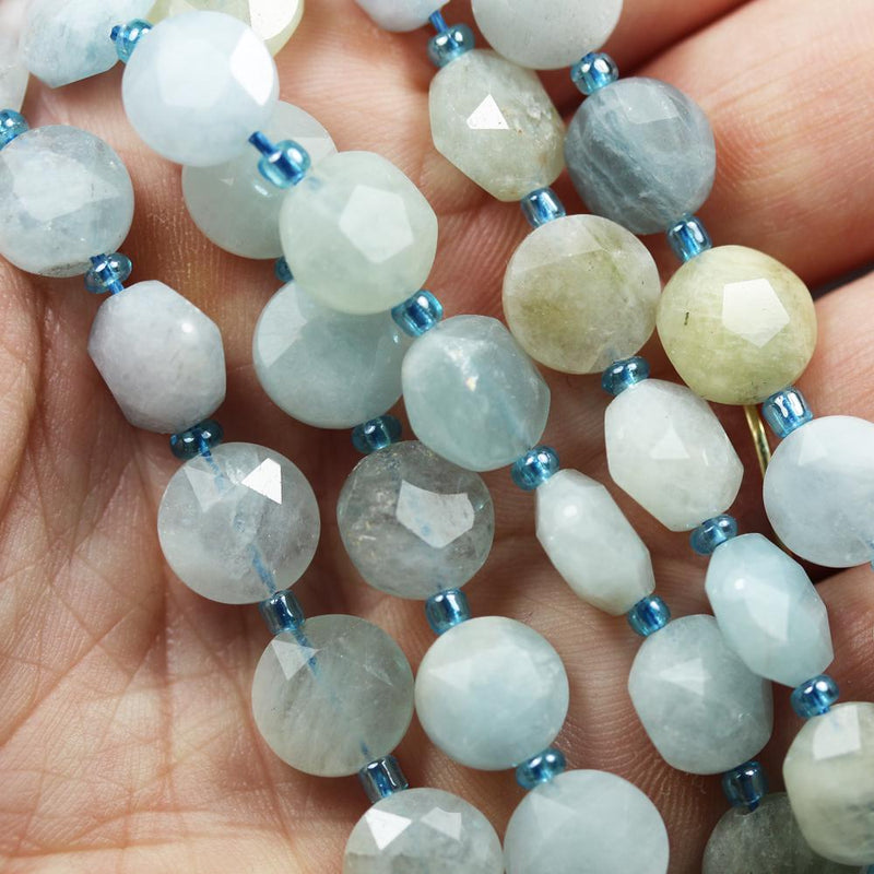 Natural Aquamarine, 10mm Faceted Coin Round Gemstone,  Hole 1mm, 15.5inches,  About 30 beads