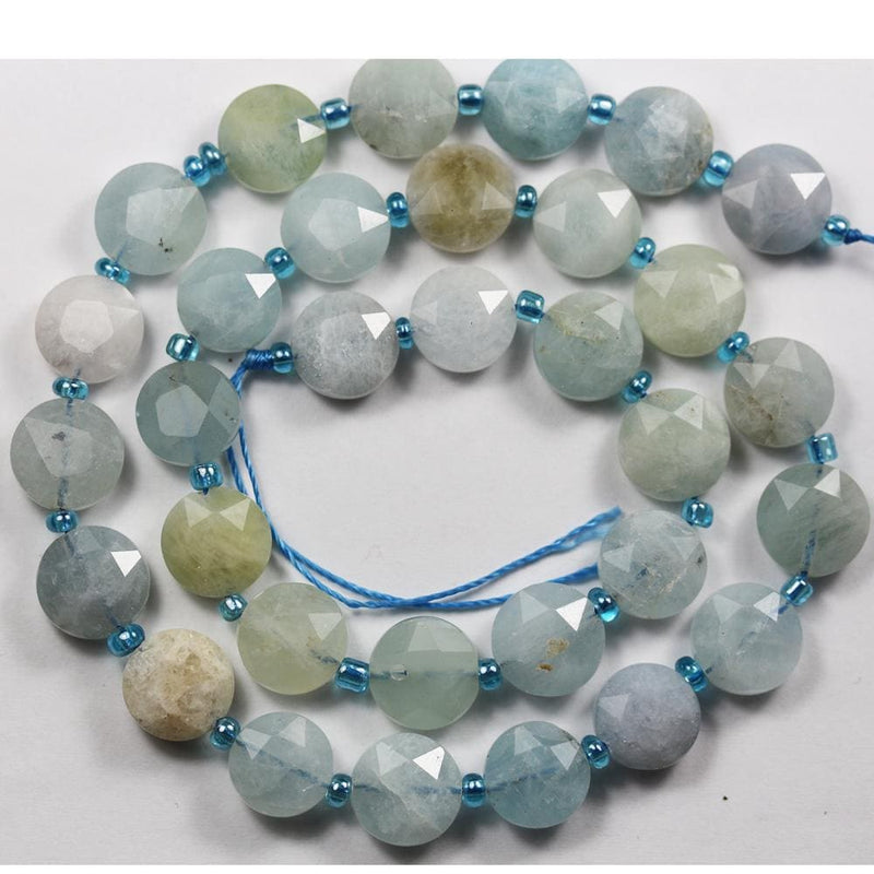 Natural Aquamarine, 10mm Faceted Coin Round Gemstone,  Hole 1mm, 15.5inches,  About 30 beads