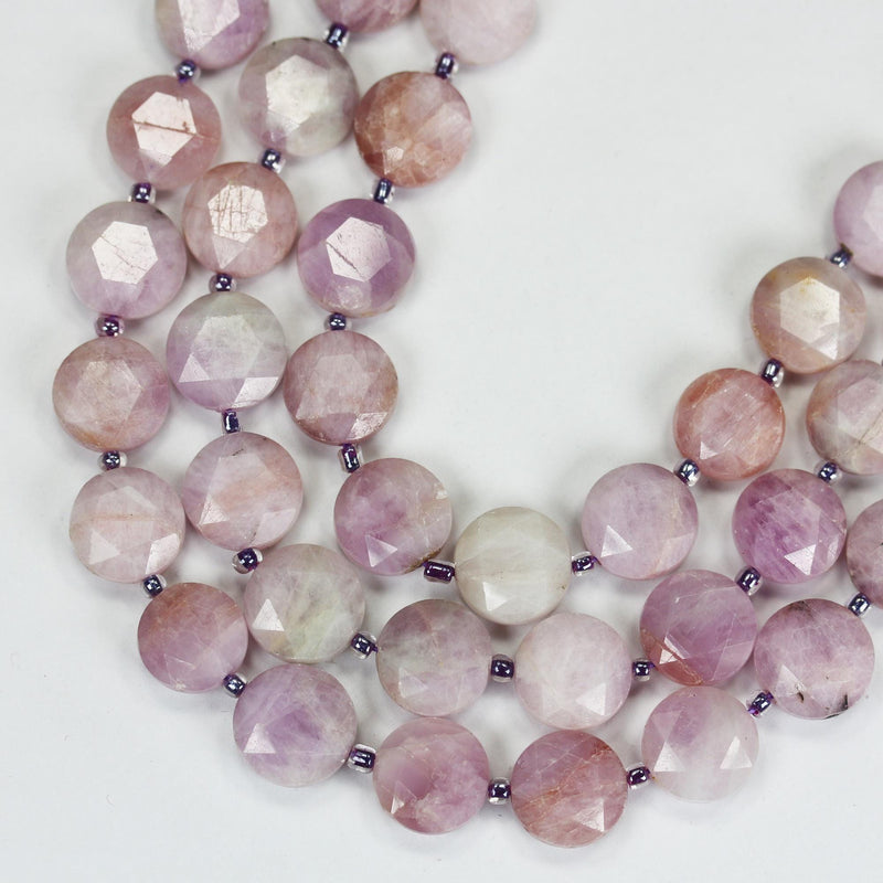 Kunzite, 12mm Faceted Coin Round Gemstone, Vintage Rock Stone, Hole 1mm, 15.5inches, 28 Beads