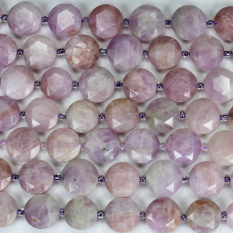 Kunzite, 12mm Faceted Coin Round Gemstone, Vintage Rock Stone, Hole 1mm, 15.5inches, 28 Beads
