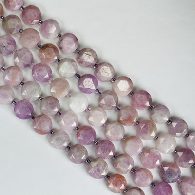 Kunzite, 12mm Faceted Coin Round Gemstone, Vintage Rock Stone, Hole 1mm, 15.5inches, 28 Beads