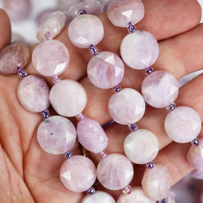 Kunzite, 12mm Faceted Coin Round Gemstone, Vintage Rock Stone, Hole 1mm, 15.5inches, 28 Beads