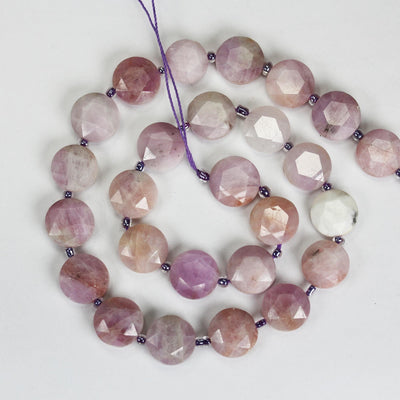 Kunzite, 12mm Faceted Coin Round Gemstone, Vintage Rock Stone, Hole 1mm, 15.5inches, 28 Beads