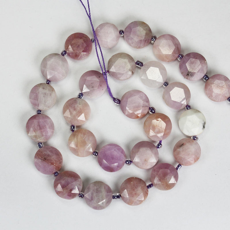 Kunzite, 12mm Faceted Coin Round Gemstone, Vintage Rock Stone, Hole 1mm, 15.5inches, 28 Beads