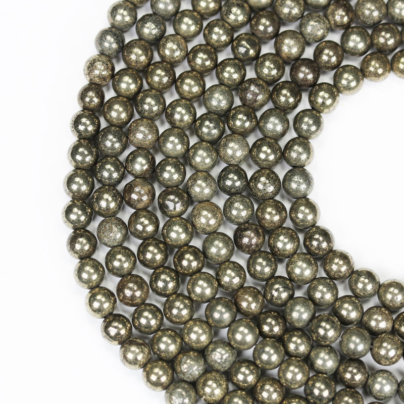 Natural Pyrite, 6mm Round Gemtsone, One Full Strand, About 60 beads, 0.8mm hole, 16"
