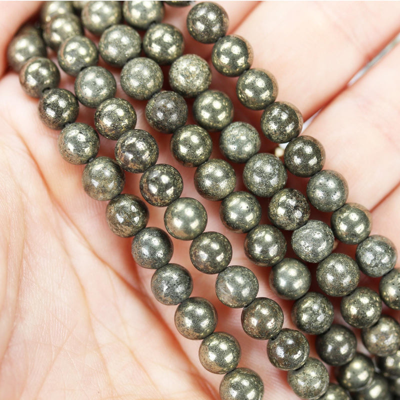 Natural Pyrite, 6mm Round Gemtsone, One Full Strand, About 60 beads, 0.8mm hole, 16"