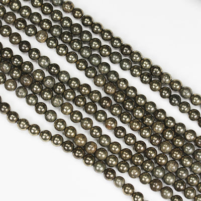 Natural Pyrite, 6mm Round Gemtsone, One Full Strand, About 60 beads, 0.8mm hole, 16"