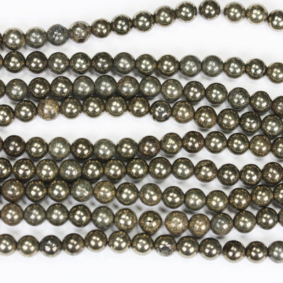 Natural Pyrite, 6mm Round Gemtsone, One Full Strand, About 60 beads, 0.8mm hole, 16"