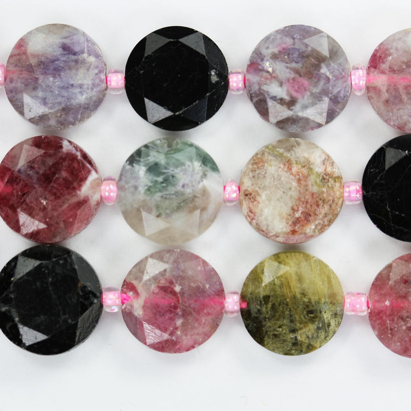 Natural Tourmaline, 12mm Faceted Coin Round Gemstone Beads, 15.5 ", 1mm hole, About 27 Beads
