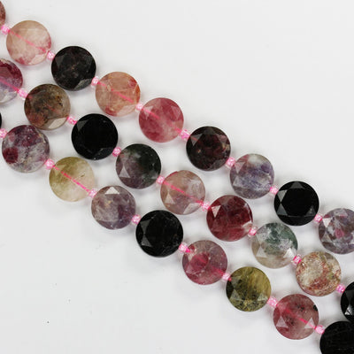 Natural Tourmaline, 12mm Faceted Coin Round Gemstone Beads, 15.5 ", 1mm hole, About 27 Beads