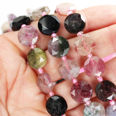 Natural Tourmaline, 12mm Faceted Coin Round Gemstone Beads, 15.5 ", 1mm hole, About 27 Beads