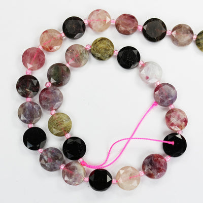Natural Tourmaline, 12mm Faceted Coin Round Gemstone Beads, 15.5 ", 1mm hole, About 27 Beads