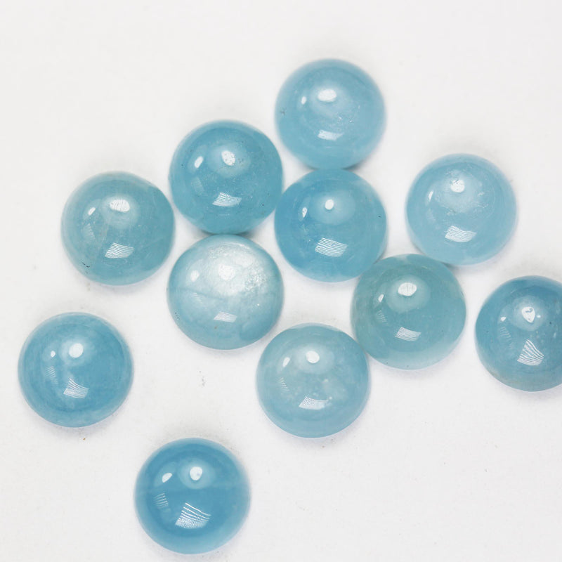 2pcs natural aquamarine cabochon gemstone beads, blue 10mm round cabs, 5mm thick