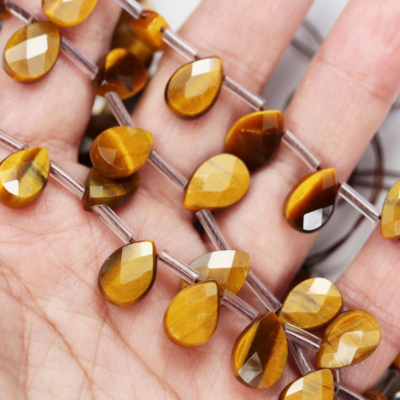 Natural Tiger Eye, 12mm*8mm Natural Gemstone Faceted Teardrop Shaped Loose Beads,  about 30pcs, Top Drilled. 1mm Hole