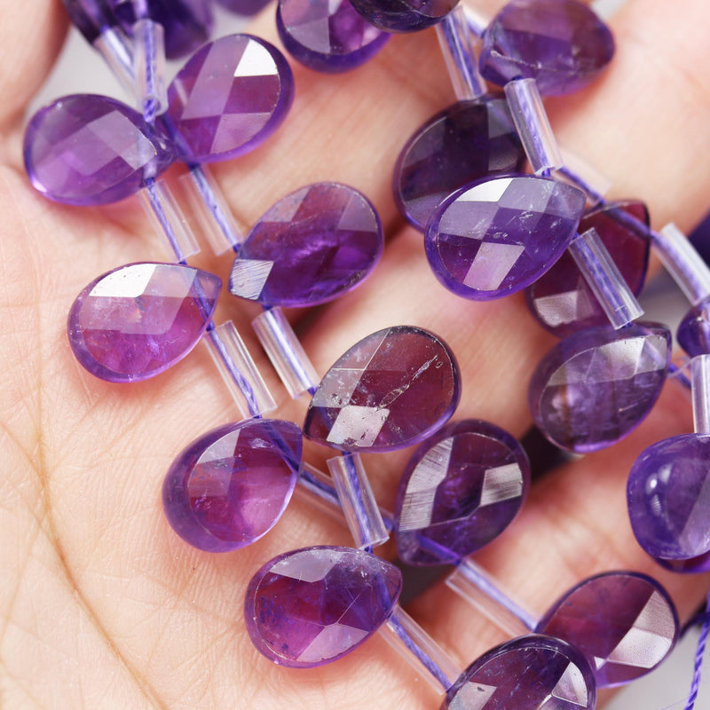 Natural Amethyst, 12mm*8mm Natural Gemstone Faceted Teardrop Shaped Loose Beads,  about 30pcs, Top Drilled. 1mm Hole