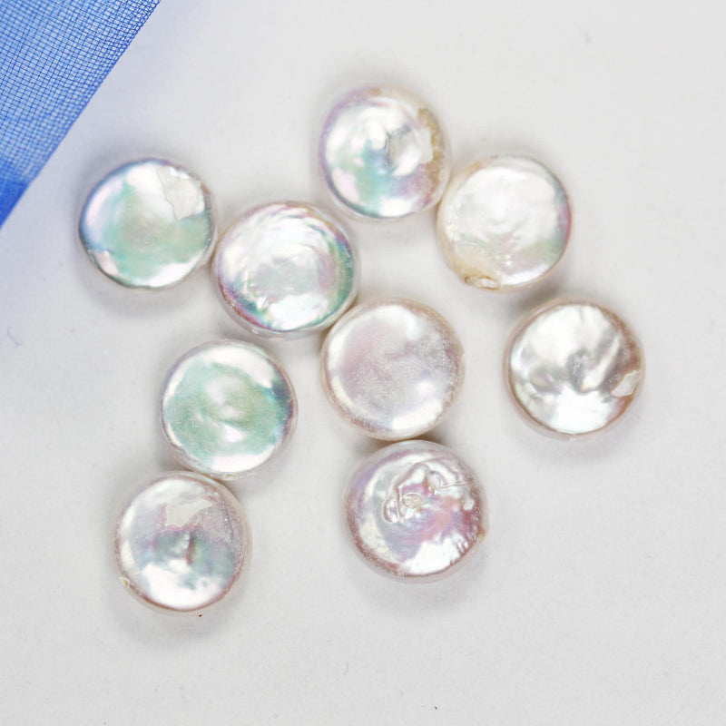 4pcs 11mm white natural freshwater coin pearl , round button pearl , 0.6mm hole