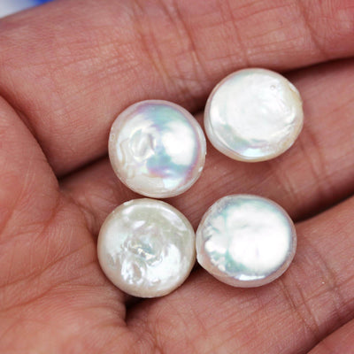 4pcs 11mm white natural freshwater coin pearl , round button pearl , 0.6mm hole