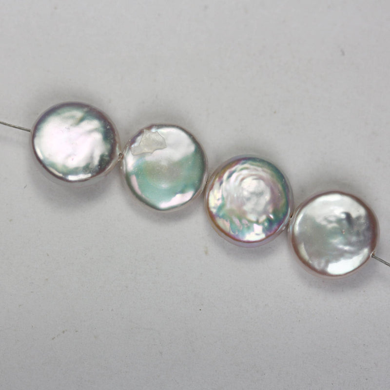 4pcs 11mm white natural freshwater coin pearl , round button pearl , 0.6mm hole