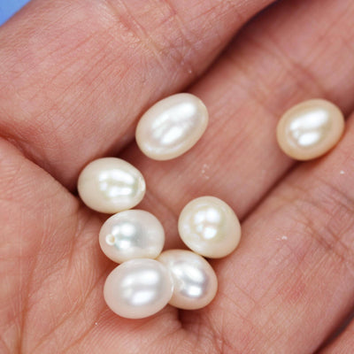 10pcs Freshwater Pearl, 6*8mm Half Drilled White Rice Pearl , for Making Earring /Pendant, hole 0.6mm