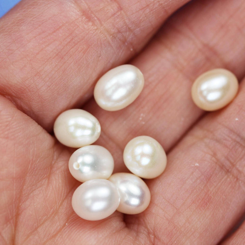 10pcs Freshwater Pearl, 6*8mm Half Drilled White Rice Pearl , for Making Earring /Pendant, hole 0.6mm