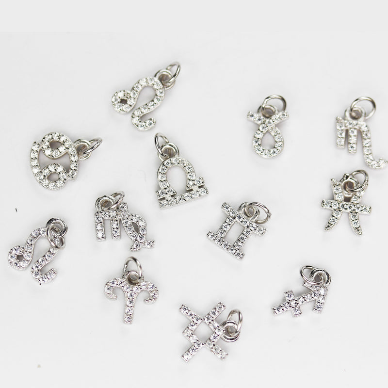 Silver Charm 1pc Astrology Zodiac Charm, 925 Sterling Silver with Cubic Zirconia Jewellery findings Charm Beads ,8mm charm