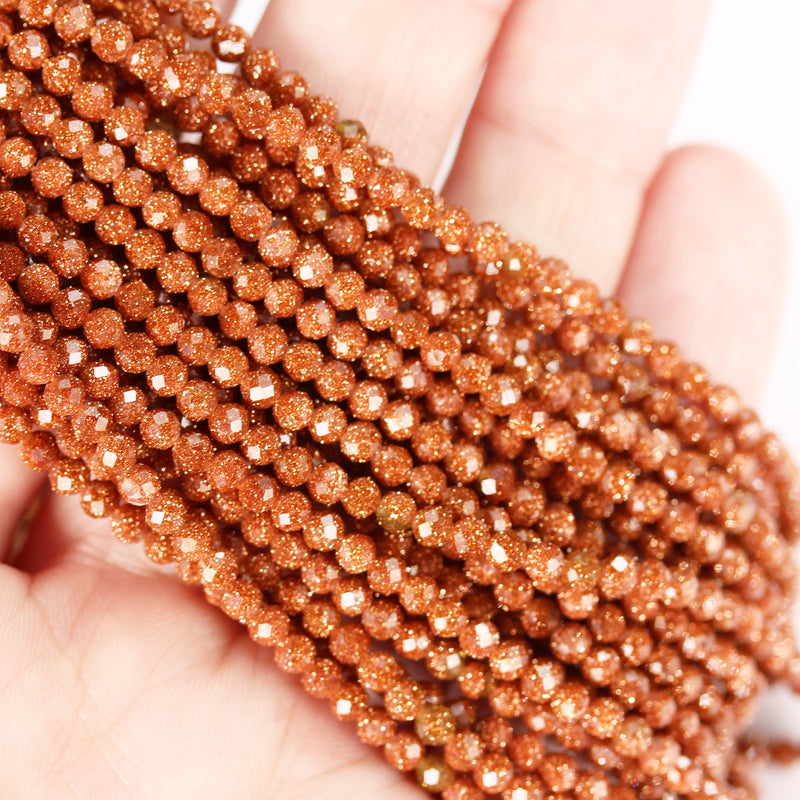 Gold Sandstone, 3mm Faceted Round Gemstone, 15.5" strand , 0.8mm hole